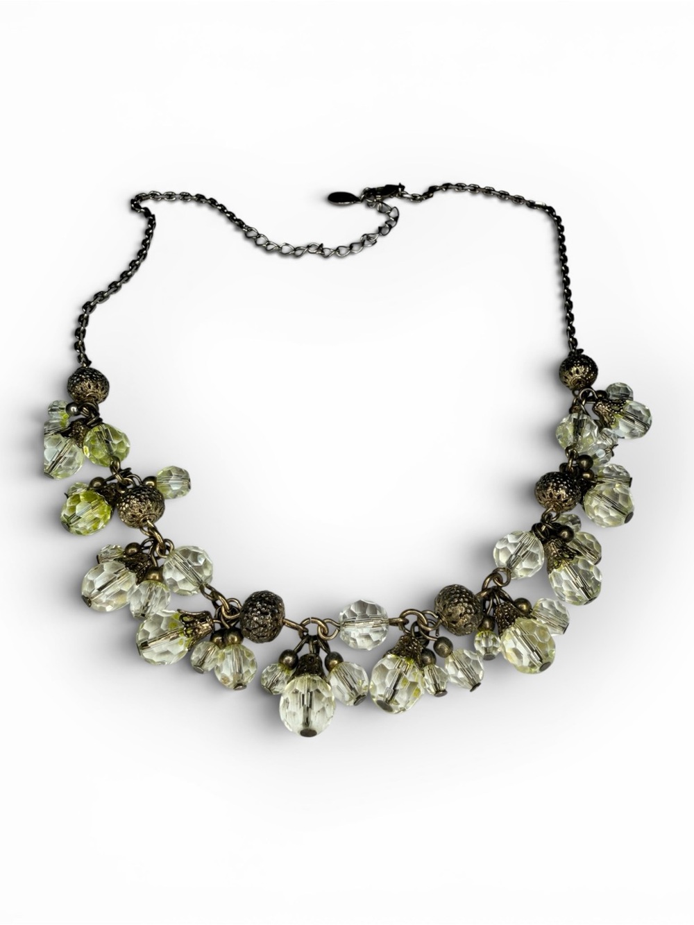 Pale Green Crystal Cluster Necklace with Antique Gold Accents